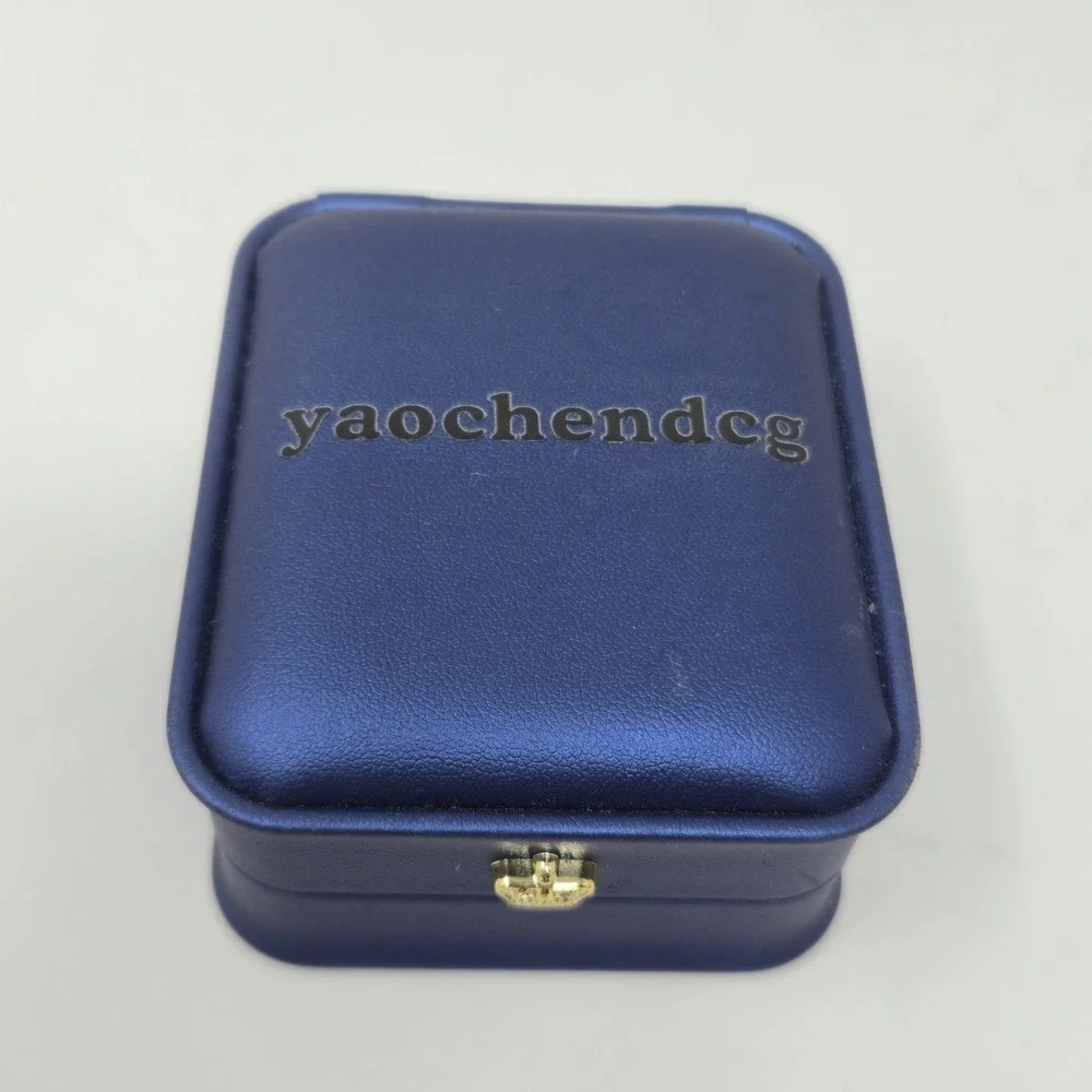 Blue Faux Leather Jewelry Gift Box Gold Crown Latch Ring Pendant Storage EMPTY